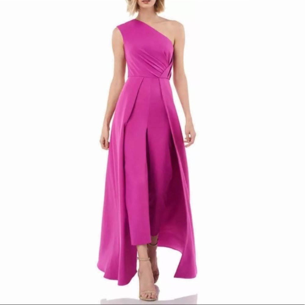 NWT Kay Unger One Shoulder Skirted Jumpsuit Pink